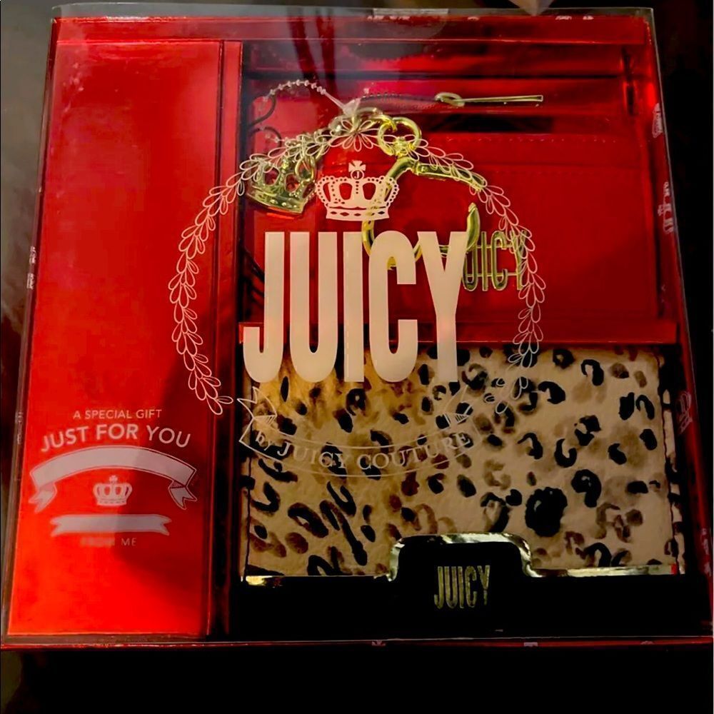 Nip juicy couture 2 wallet/card case gift set animal leopard red leather gold